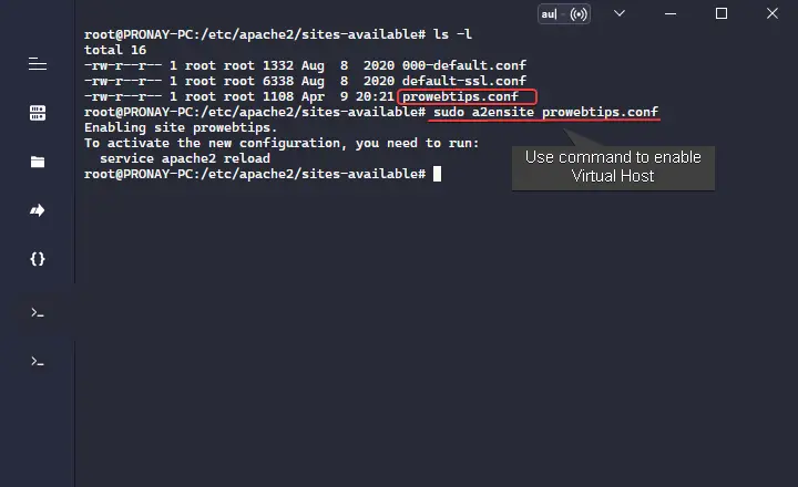 Use a2ensite command to enable vhost