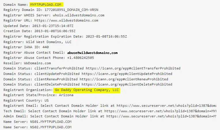myftpupload.com whois lookup information