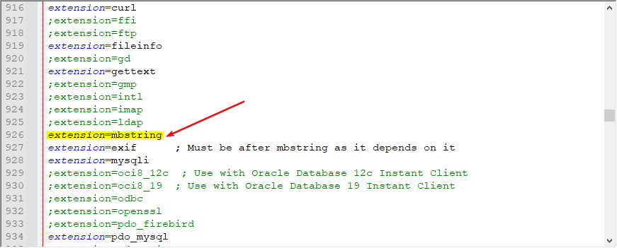 Comment out extension mbstring php on Windows