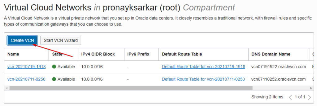 Create Oracle Cloud New VCN