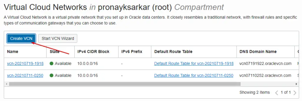 Create Oracle Cloud New VCN