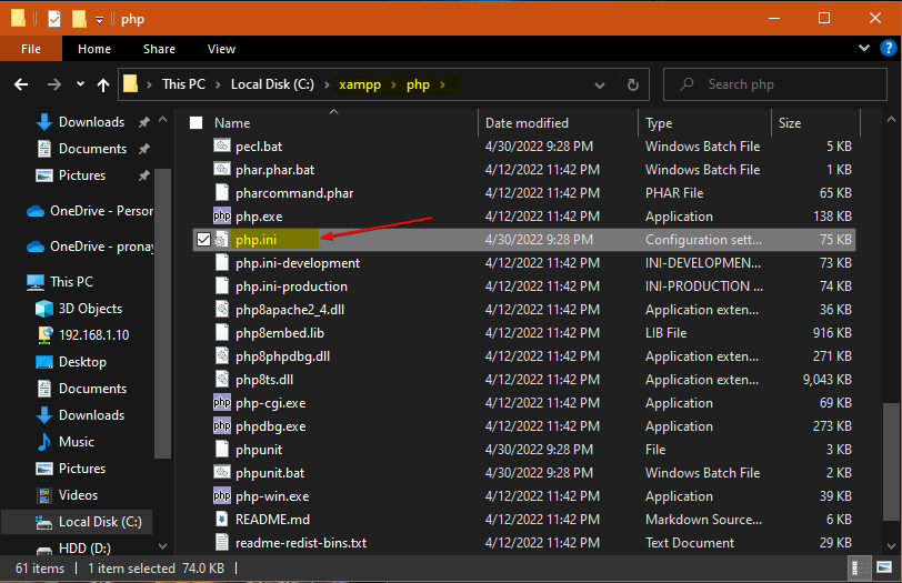 Edit XAMPP php.in file