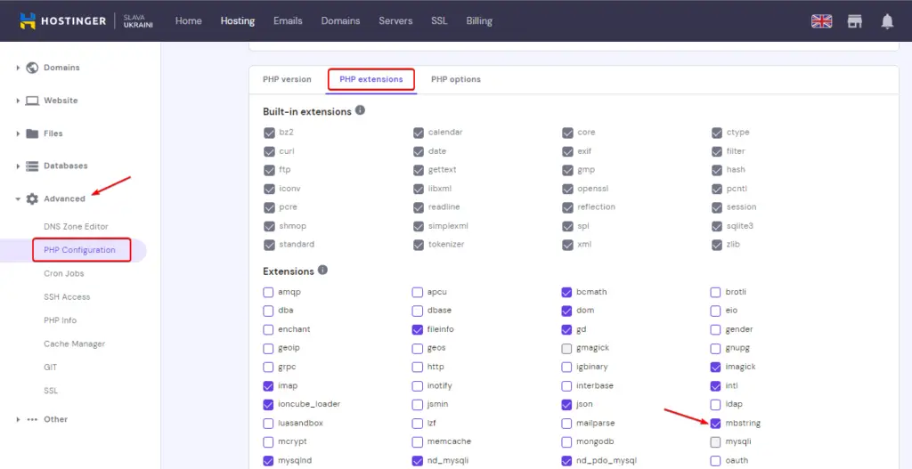 Hostinger PHP Configuration Enable extension