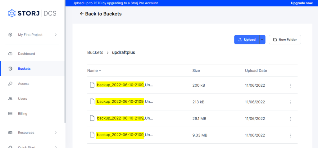 Check Storj DCS Bucket for UpdraftPlus Backup File