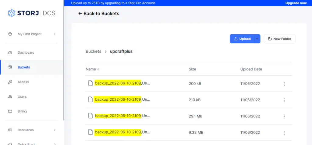 Check Storj DCS Bucket for UpdraftPlus Backup File