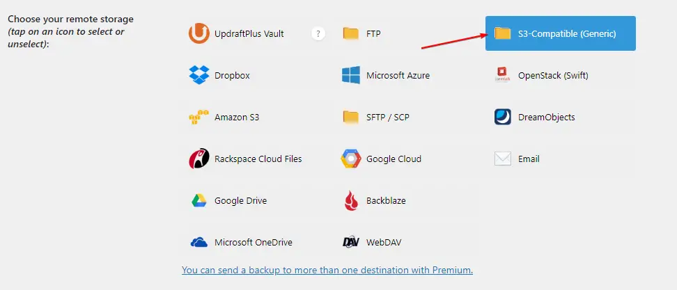Choose UpdraftPlus Remote Location