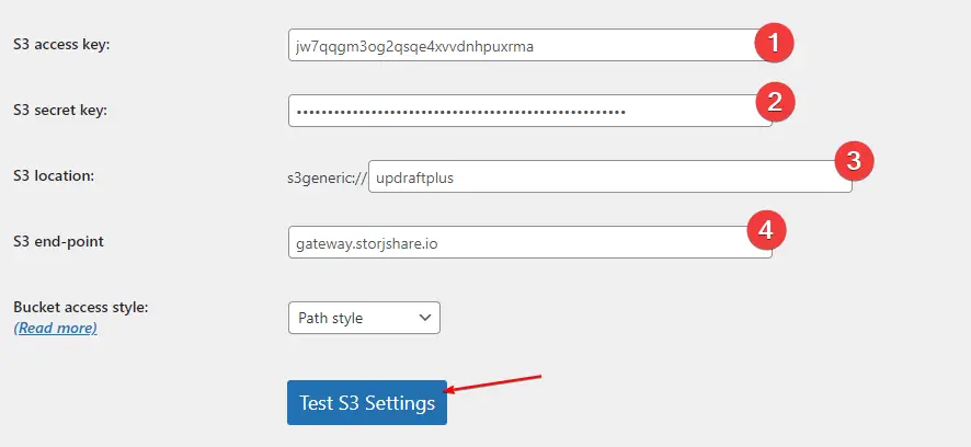 Configure Storj DCS S3 Credentials with UpdraftPlus