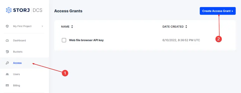 Create Access Grant Storj DCS
