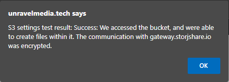 S3 Test Success Message UpdraftPlus