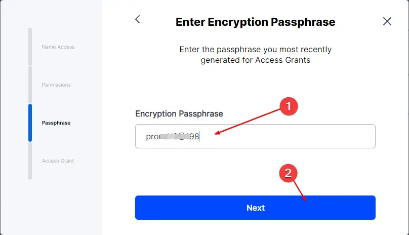 Set Access Grant Passphrase Storj DCS