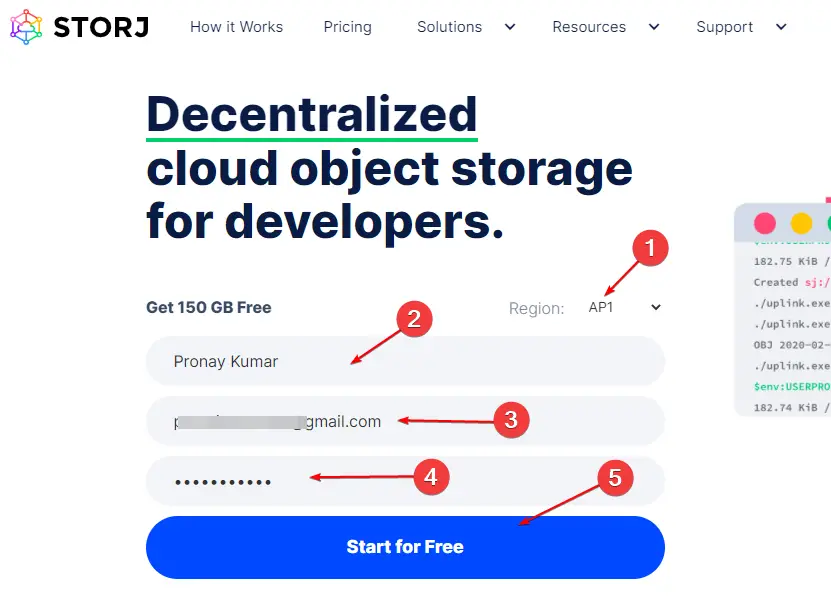 Sign up Storj DCS