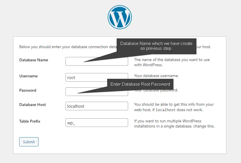 Enter WordPress database credentials