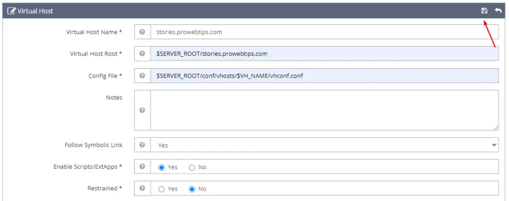 Enter the virtual host configuration information