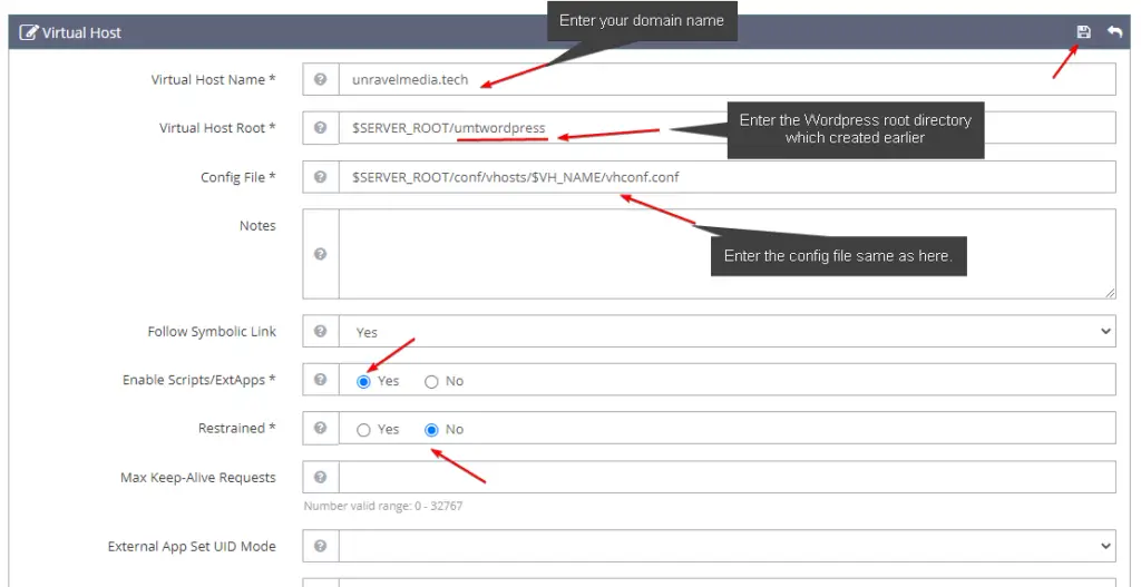 Enter the virtual host configuration information