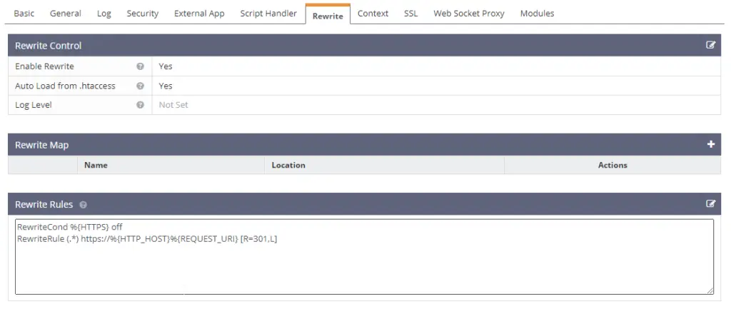 Rewrite settings on Virtual host