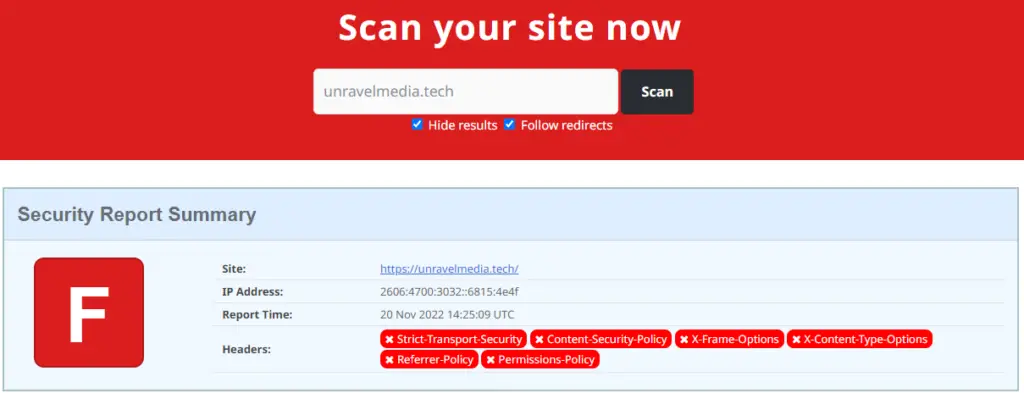 Security Headers response F rating