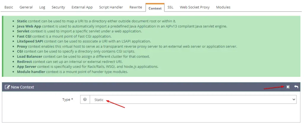 Select New Context Type as Static in LiteSpeed server