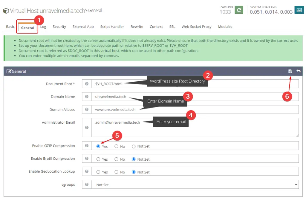 OpenLiteSpeed Virtual Host General Configuration