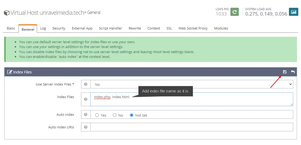 Virtual Host Index File Configuration on OpenLiteSpeed