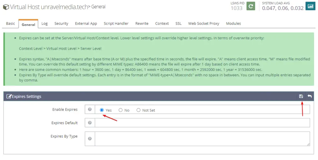 Virtual host expires headers on OpenLiteSpeed