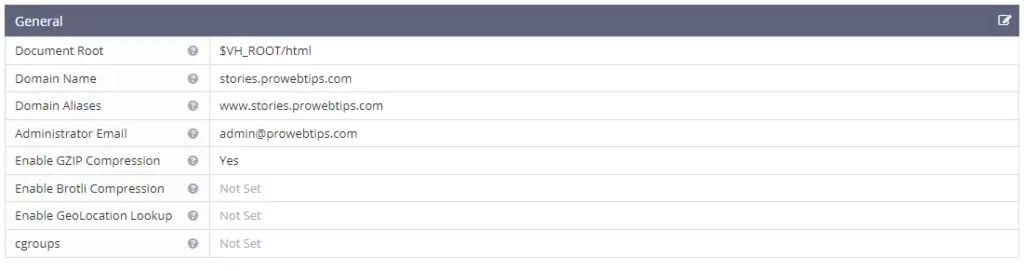 Virtual host general settings