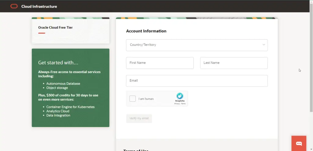 Account Information - Oracle Cloud - Registration