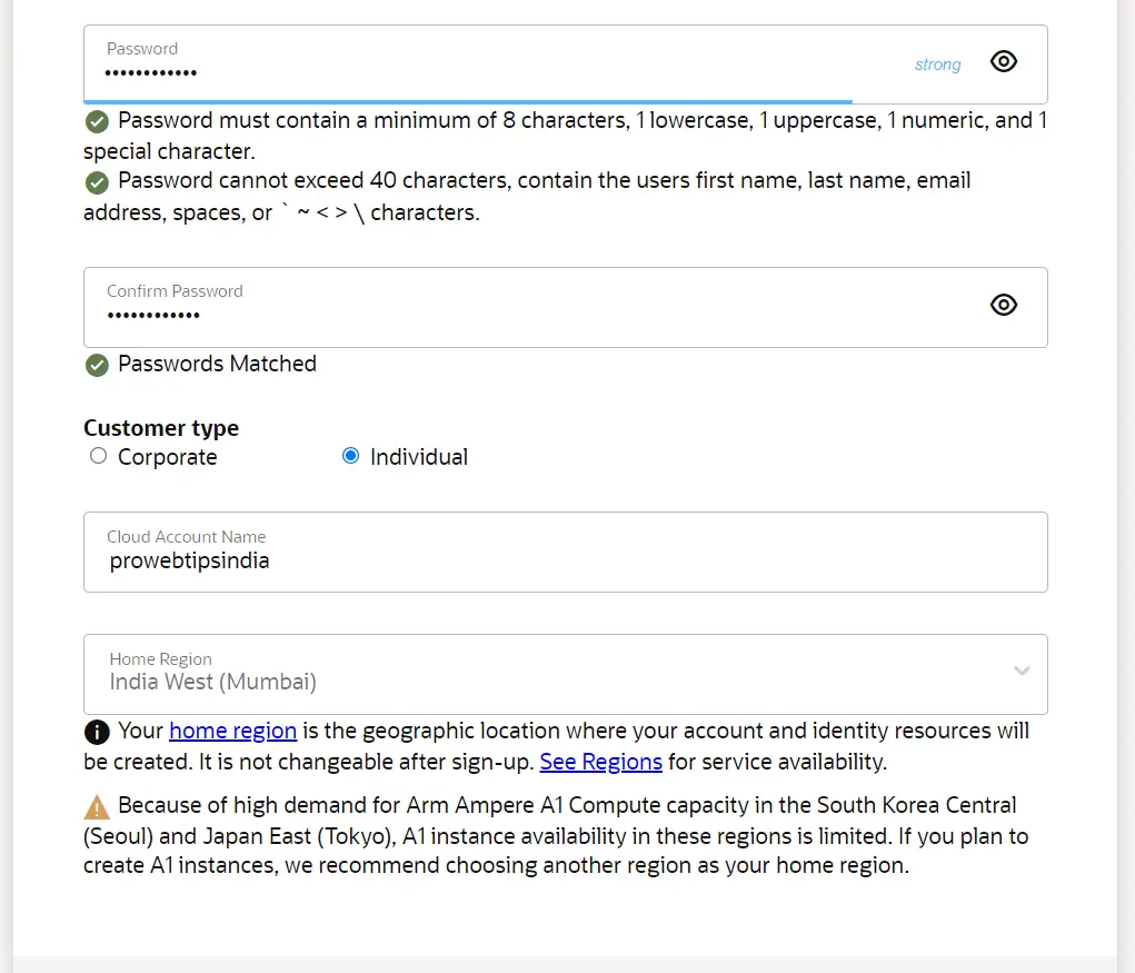 Account Information Set Password - Oracle Cloud - Registration