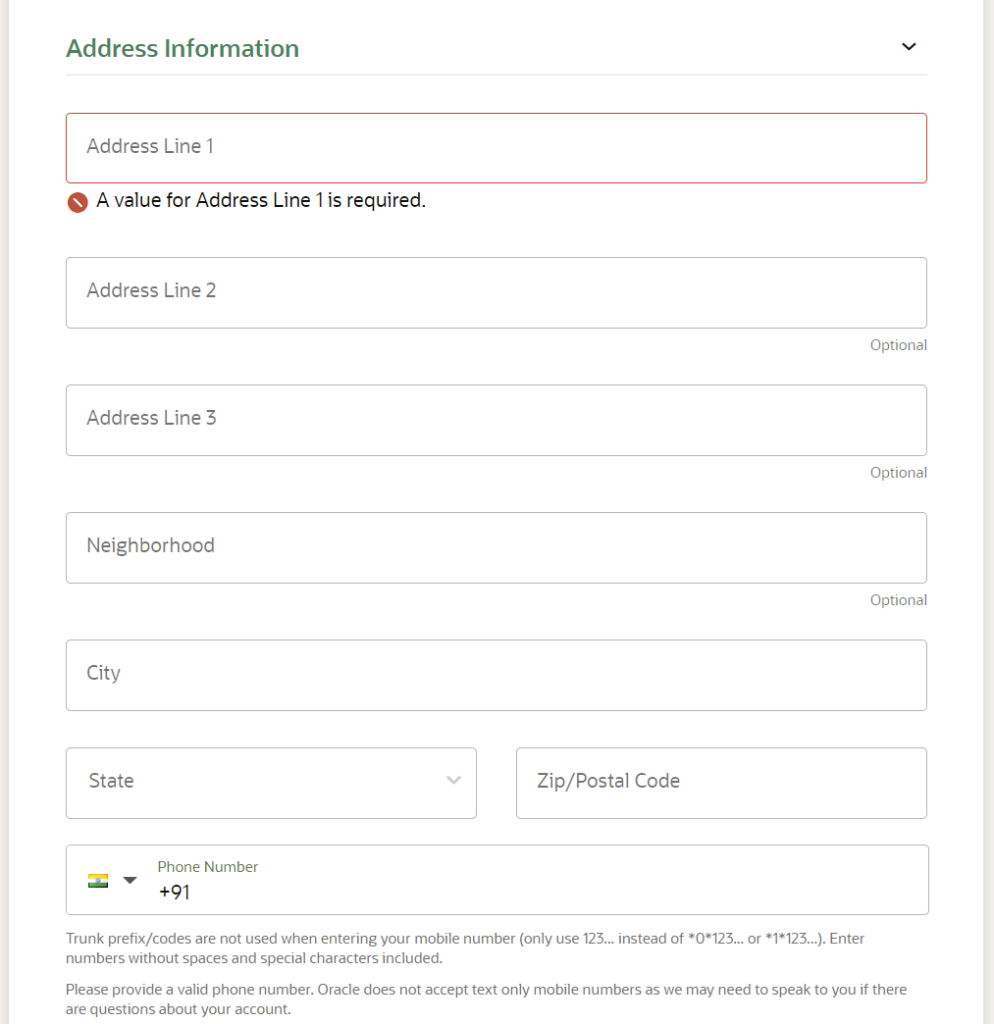 Address information - Oracle Cloud - Registration