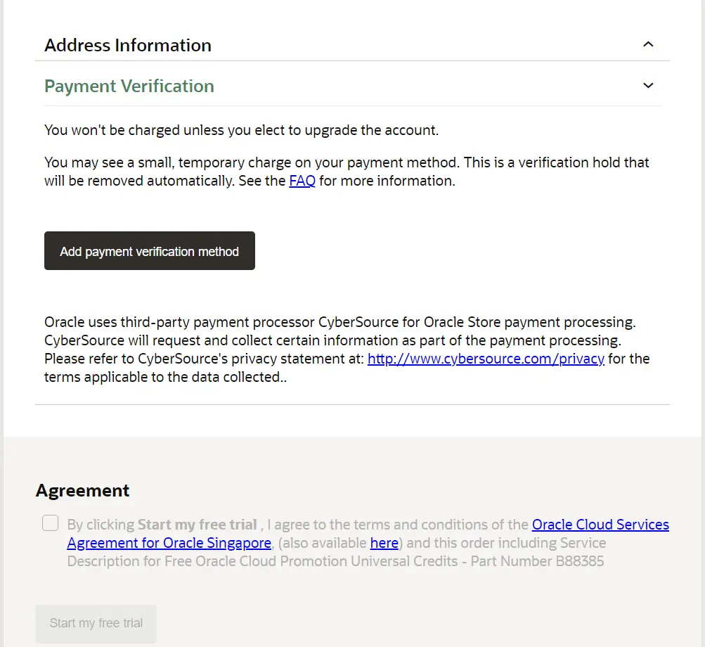 Payment Information - Oracle Cloud - Registration