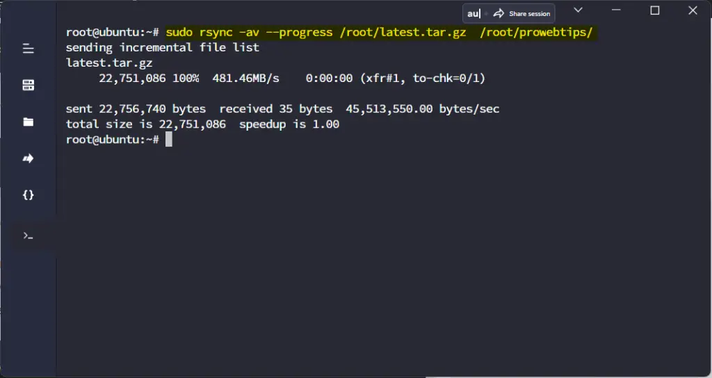 Syncing files or directory with progress flag in Rsync