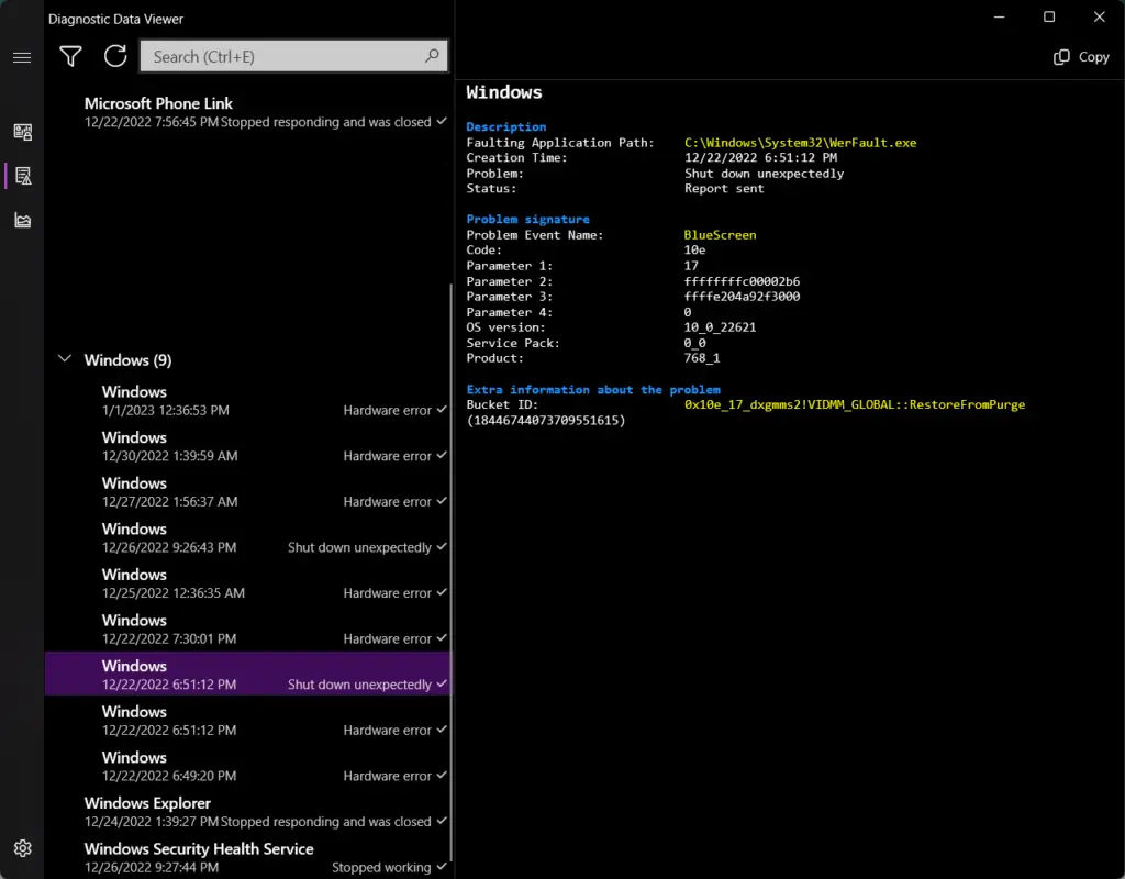 Windows Error Diagnostic Data Viewer